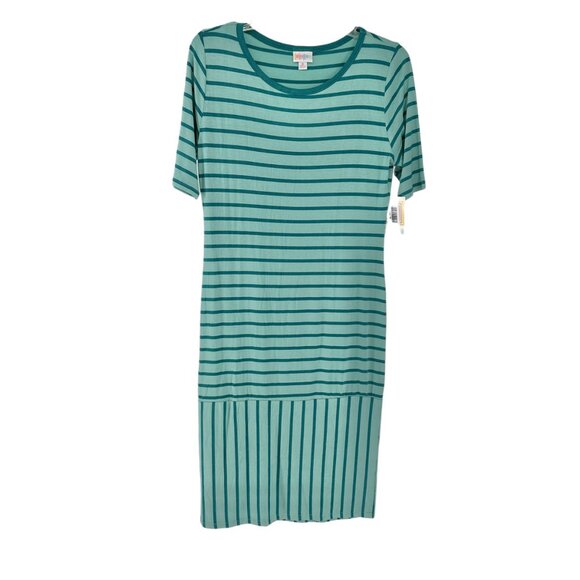 LuLaRoe Retired Julia Dress M Dark and Light Teal Striped SS Form Fitting NWT - Picture 1 of 8